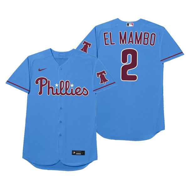 Mens Philadelphia Phillies #2 Jean Segura Nike RPowder Blue 2021 Players' Weekend Nickname El Mambo Jersey