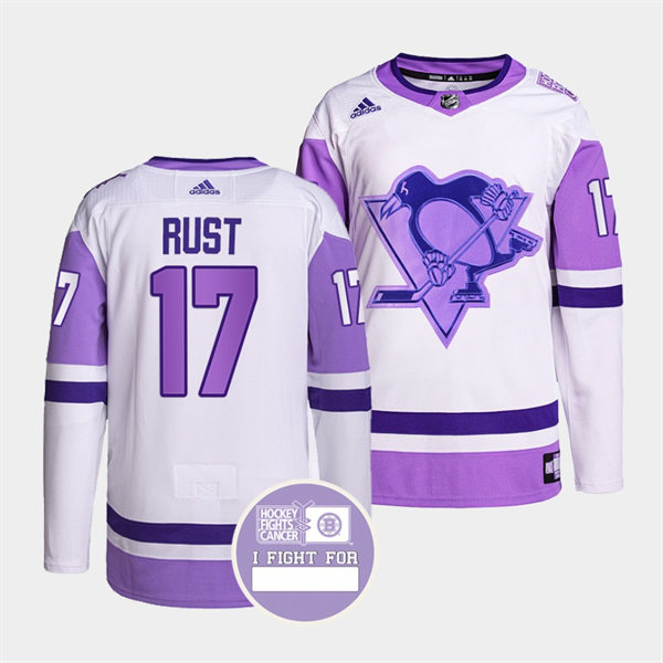 Mens Pittsburgh Penguins #17 Bryan Rust White Purple Hockey Fights Cancer Primegreen Jersey Stitched