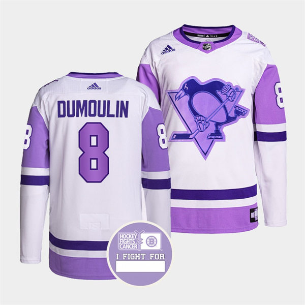 Mens Pittsburgh Penguins #8 Brian Dumoulin White Purple Hockey Fights Cancer Primegreen Jersey Stitched