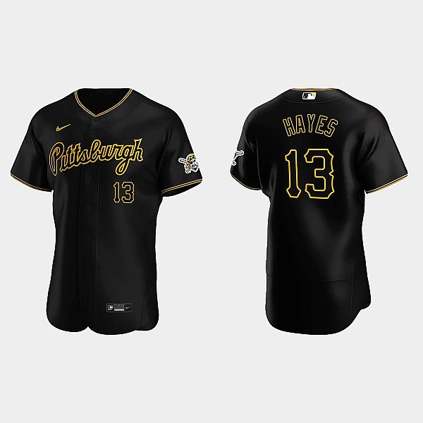 Mens Pittsburgh Pirates #13 Ke'Bryan Hayes Nike Black Alternate 2nd Pittsburgh FlexBase Player Jersey