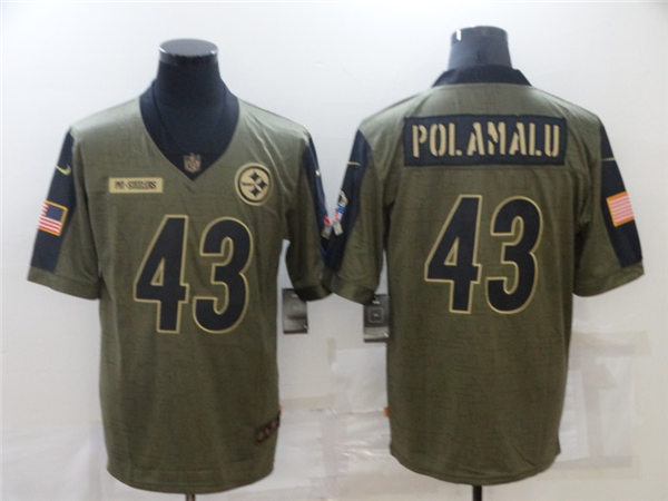 Mens Pittsburgh Steelers Retired Player #43 Troy Polamalu Nike Olive 2021 Salute To Service Limited Jersey