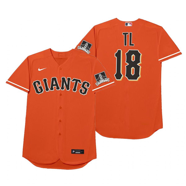 Mens San Francisco Giants #18 Tommy La Stella Nike Orange 2021 Players' Weekend Nickname TL Jersey