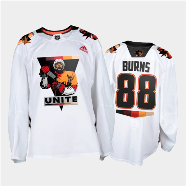 Mens San Jose Sharks Brent Burns #88 Adidas White Terry Smith Unite special warmup Jersey Stitched