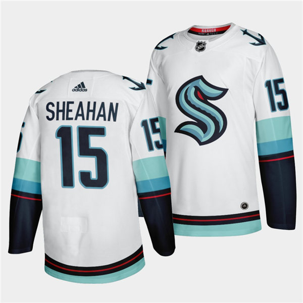 Mens Seattle Kraken #15 Riley Sheahan Adidas Away White Jersey Stitched