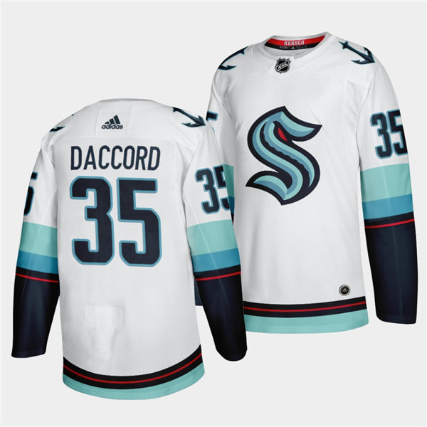 Mens Seattle Kraken #35 Joey Daccord Adidas Away White Jersey Stitched