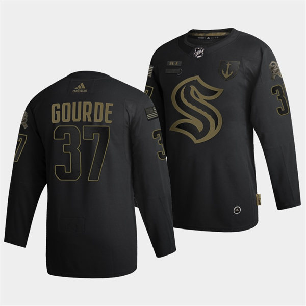 Mens Seattle Kraken #37 Yanni Gourde Adidas 2021-22 Black Military Appreciation Night Jersey Stitched