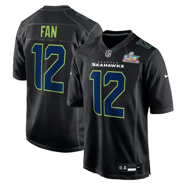 Mens Seattle Seahawks 12s Fan Nike Super Bowl LX Patch Black Carbon Fashion Game Jersey 