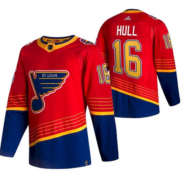 Mens St. Louis Blues Retired Player #16 Brett Hull adidas 2021 Red Blue Reverse Retro Jersey Stitched