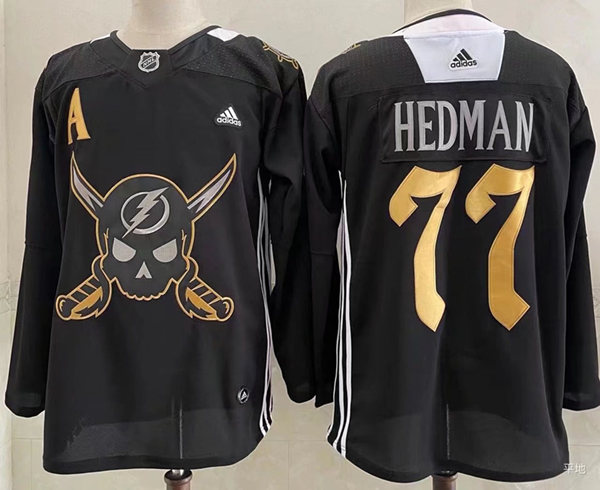 Mens Tampa Bay Lightning #77 Victor Hedman Adidas Black 2022 GASPARILLA THEMED WARMUP JERSEY Stitched
