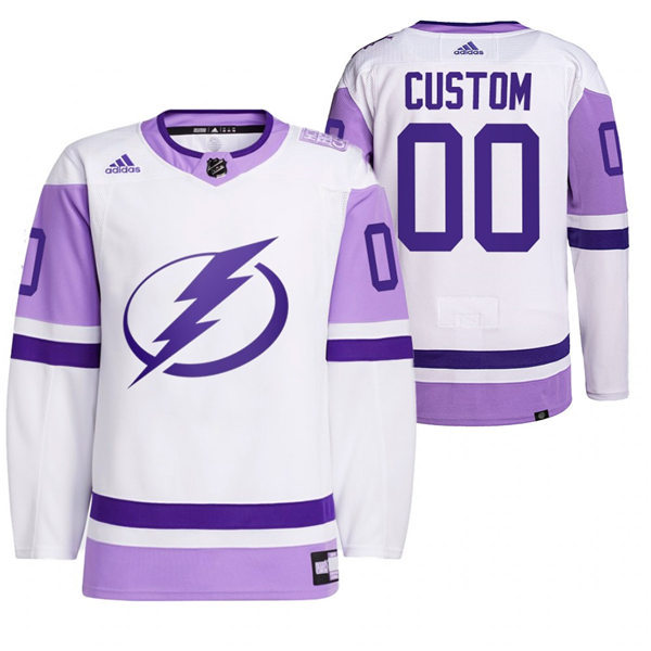 Mens Tampa Bay Lightning Custom Adidas White Purple Primegreen Hockey Fights Cancer Jersey Stitched