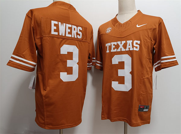 Mens Texas Longhorns #3 Quinn Ewers 2024 SEC Orange College Football Game Jersey 