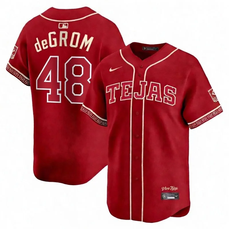 Mens Texas Rangers #48 Jacob deGrom 2026 Viva Tejas City Connect Limited 2.0 Jersey Maroon 