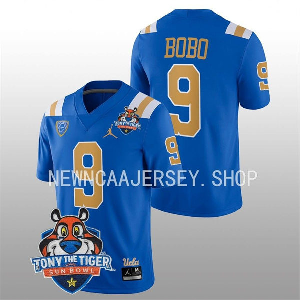 Mens UCLA Bruins #9 Jake Bobo Blue College Football 2022 Tony The Tiger Sun Bowl Game Jersey 