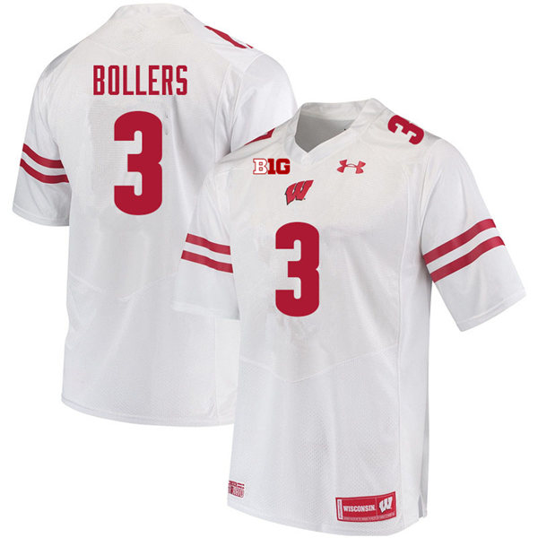 Mens Wisconsin Badger #3 T.J. Bollers Under Armour White College Football Game Jersey