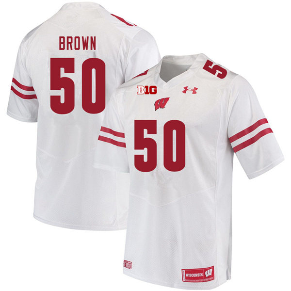 Mens Wisconsin Badger #50 Logan Brown Under Armour White College Football Game Jersey