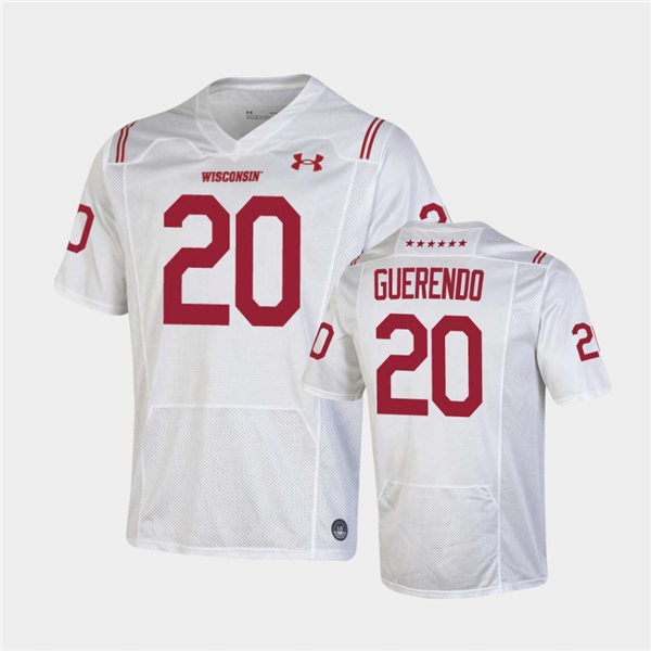 Mens Wisconsin Badgers #20 Isaac Guerendo Under Armour White 2021 SHAMROCK SERIES Football Jersey 