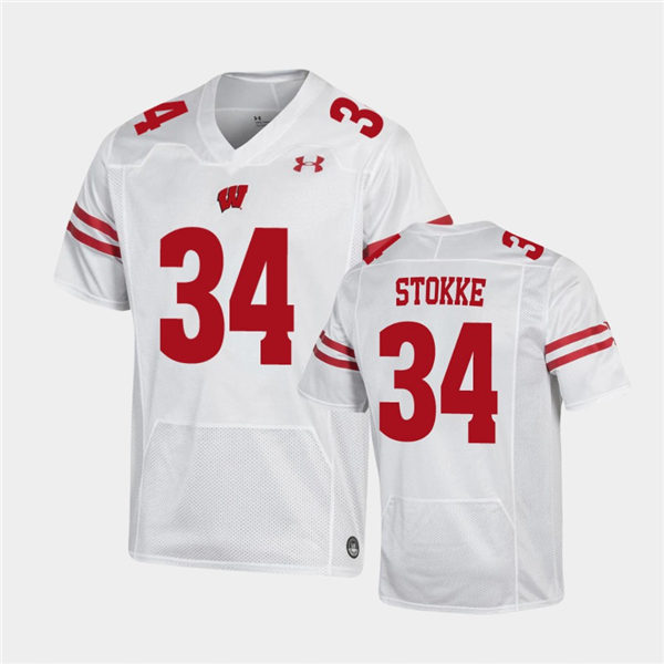 Mens Wisconsin Badgers #34 Mason Stokke White Stitched Under Armour College Football Jersey