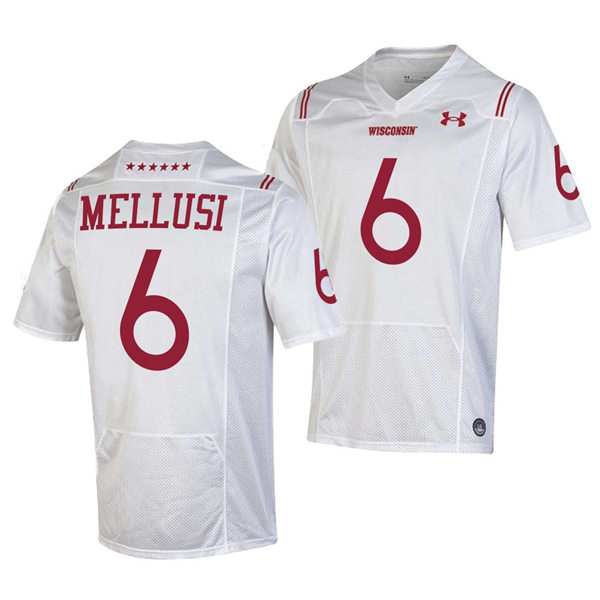 Mens Wisconsin Badgers #6 Chez Mellusi White 2021 Shamrock Series Special Forward Football Game Jersey 