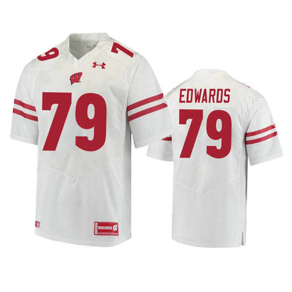 Mens Wisconsin Badgers #79 David Edwards Under Armour White College Football Game Jersey 