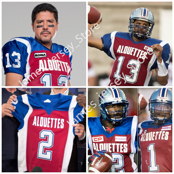 Mens Youth CFL Montreal Alouettes Custom Red Blue Away Football Jerseys