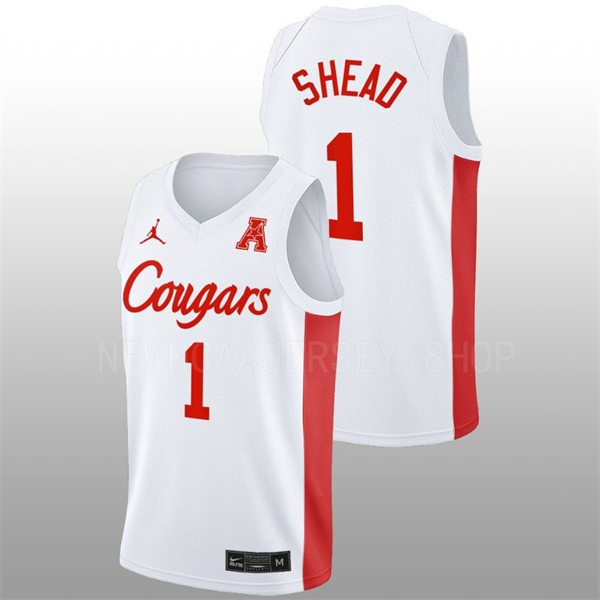 Mens Youth Houston Cougars #1 Jamal Shead White Cougars College Basketball Game Jersey 