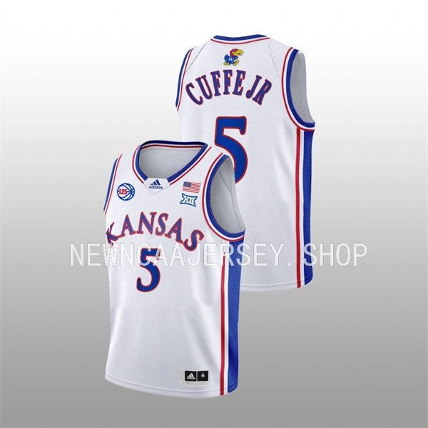 Mens Youth Kansas Jayhawks #5 Kyle Cuffe Jr. 2022-23 White 125TH Anniversary Basketball Jersey 