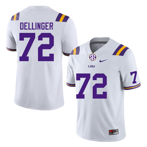 Mens Youth LSU Tigers #72 Garrett Dellinger College Football Game Jersey White1