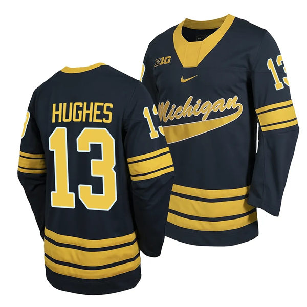 Mens Youth Michigan Wolverines #13 T.J. Hughes 2023-24 Navy Hockey Game Jersey