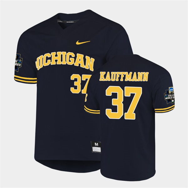 Mens Youth Michigan Wolverines #37 Karl Kauffmann 2019 NCAA Baseball College World Series Jersey Navy two-botton