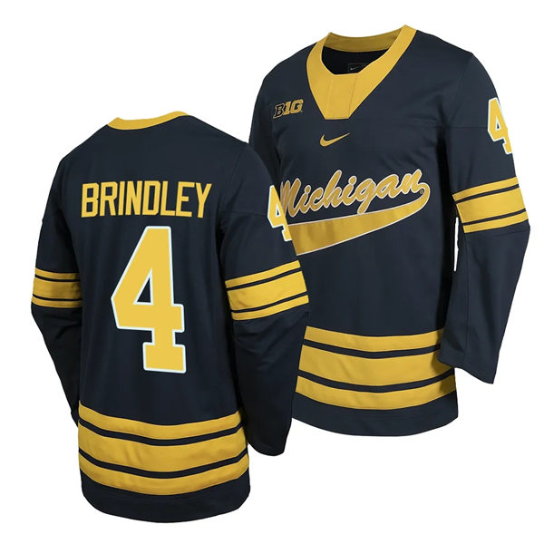 Mens Youth Michigan Wolverines #4 Gavin Brindley 2023-24 Navy Hockey Game Jersey