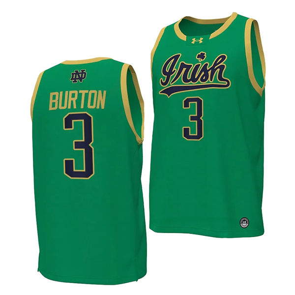 Mens Youth Notre Dame Fighting Irish #3 Markus Burton 2024 Green Irish Basketball Game Jersey 