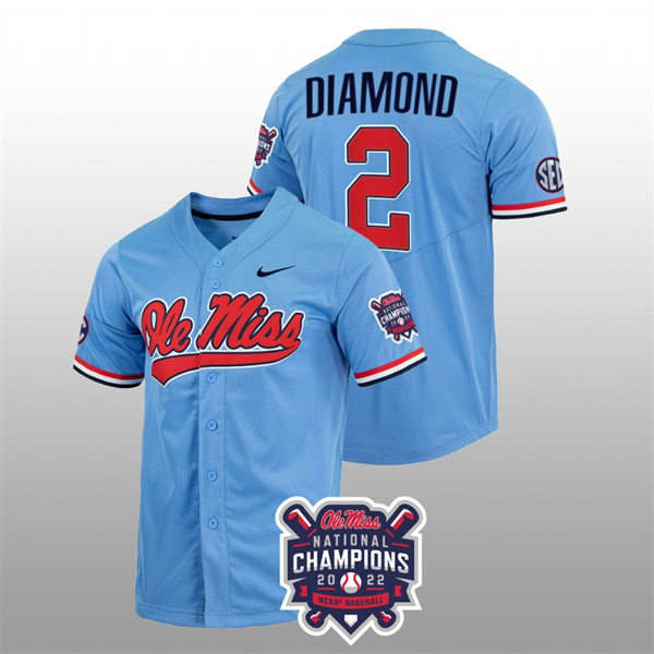 Mens Youth Ole Miss Rebels #2 Derek Diamond Powder Blue 2022 College Baseball World Series Champions Jersey