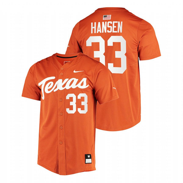 Mens Youth Texas Longhorns #33 Pete Hansen Orange Replic College Baseball Limited Jersey
