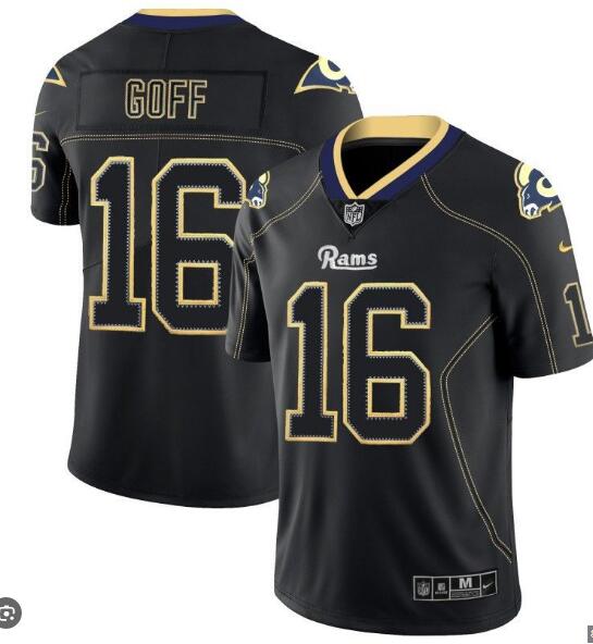 Mens rams 16 jared goff nfl 2018 lights out black color rush limited stitched jersey