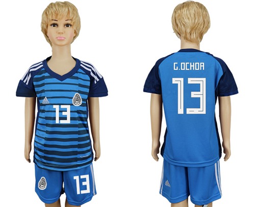 Mexico #13 G.Ochoa Blue Goalkeeper Kid Soccer Country Jersey