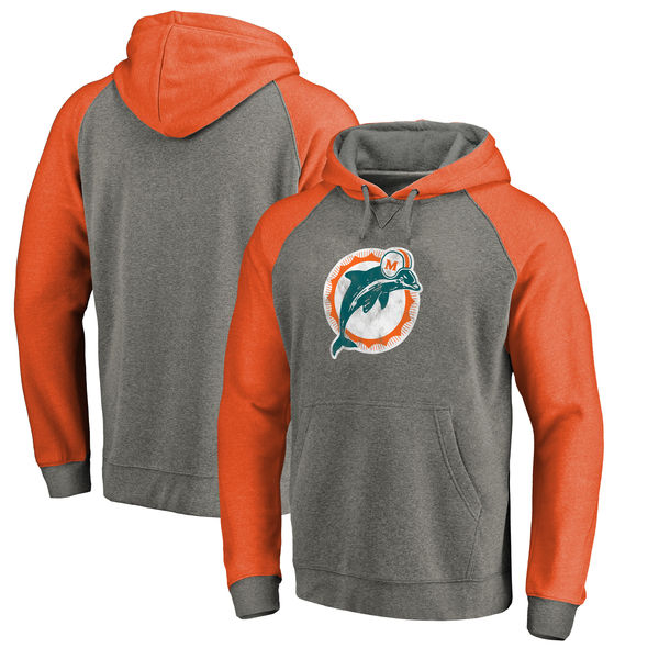 Miami Dolphins NFL Pro Line By Fanatics Branded Throwback Logo Tri-Blend Raglan Pullover Hoodie Gray Orange