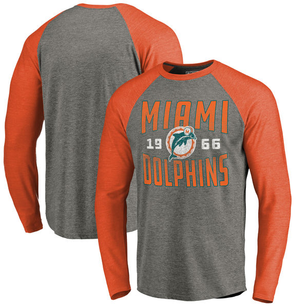 Miami Dolphins NFL Pro Line By Fanatics Branded Timeless Collection Antique Stack Long Sleeve Tri-Blend Raglan T-Shirt Ash