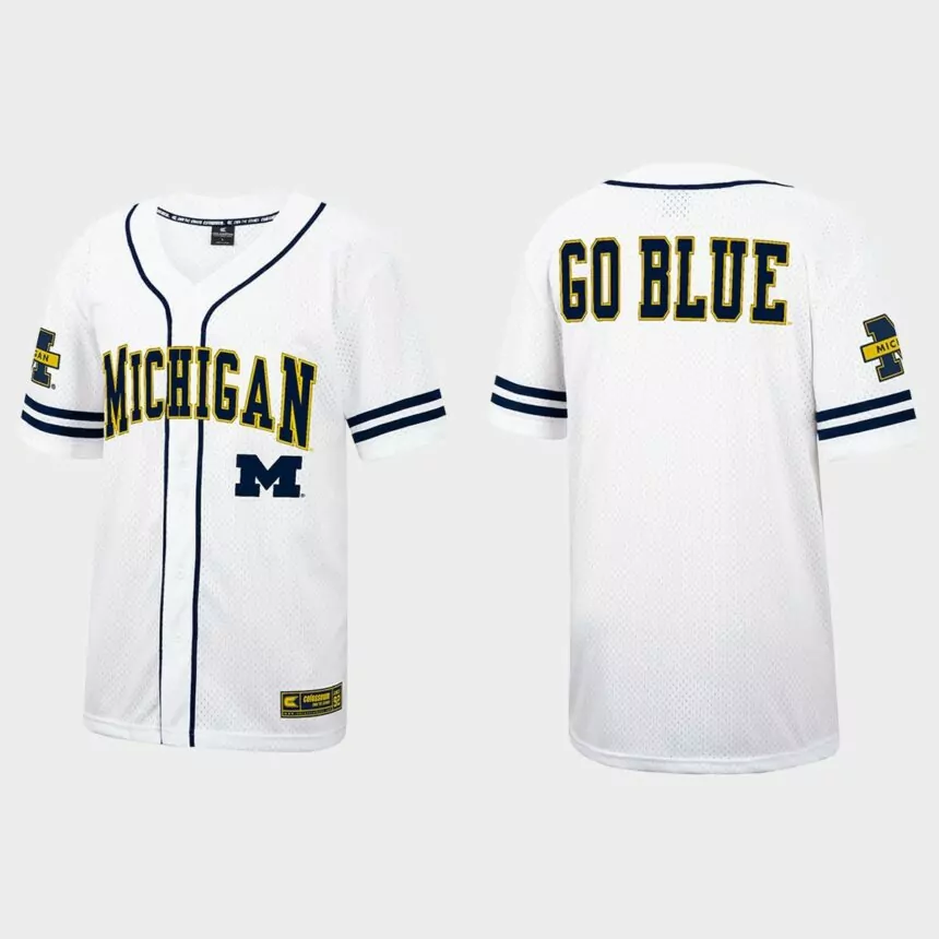 Michigan Wolverines Free Spirited Baseball Jersey – White Navy