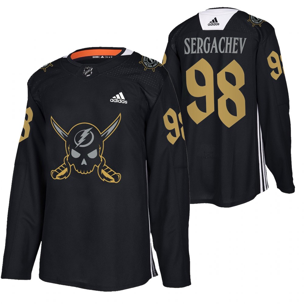 Mikhail Sergachev Lightning Gasparilla inspired Jersey Black Pirate-themed Warmup