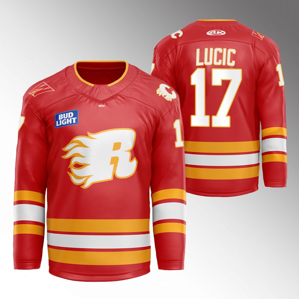 Milan Lucic Flames Flames X Rush X CGY Wranglers Jersey Red Warmup