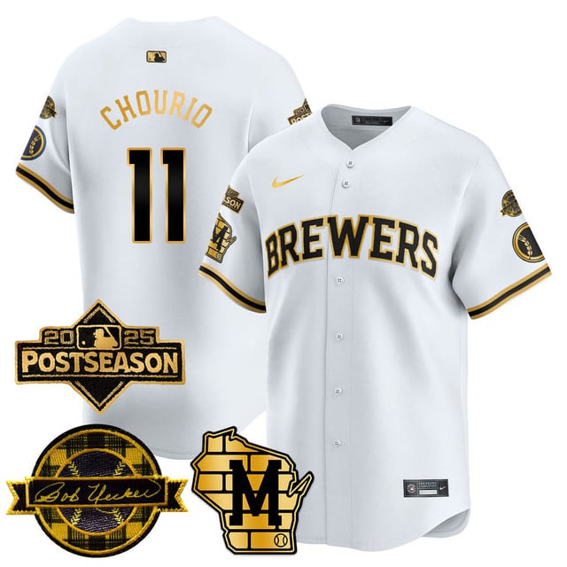 Milwaukee Brewers 2025 Postseason Jersey white gold #11 Jackson Chourio