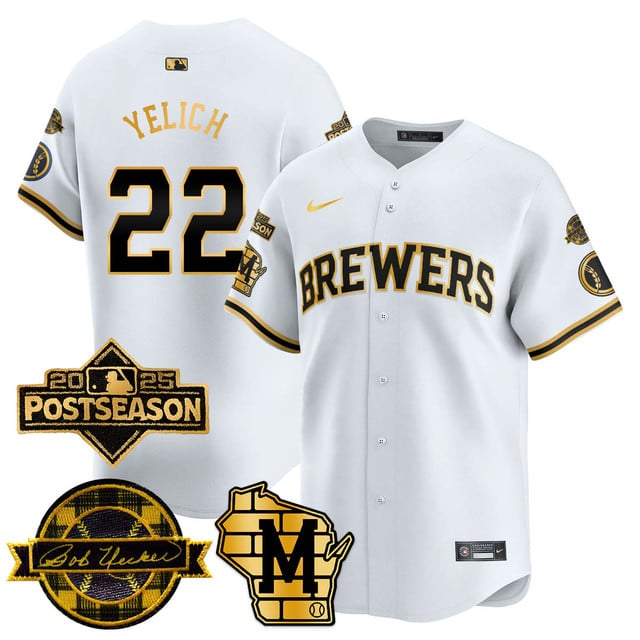 Milwaukee Brewers 2025 Postseason Jersey white gold #22 Christian Yelich