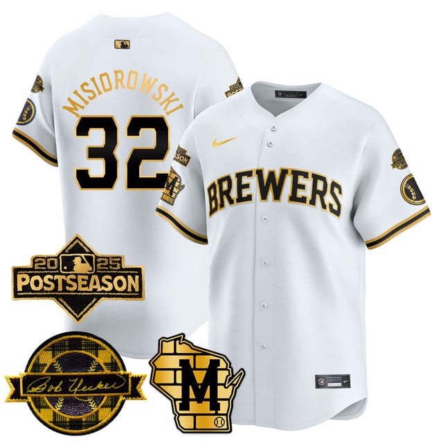 Milwaukee Brewers 2025 Postseason Jersey white gold #32 Jacob Misiorowski