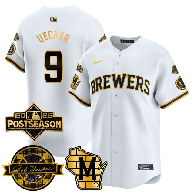 Milwaukee Brewers 2025 Postseason Jersey white gold #9 Bob Uecker