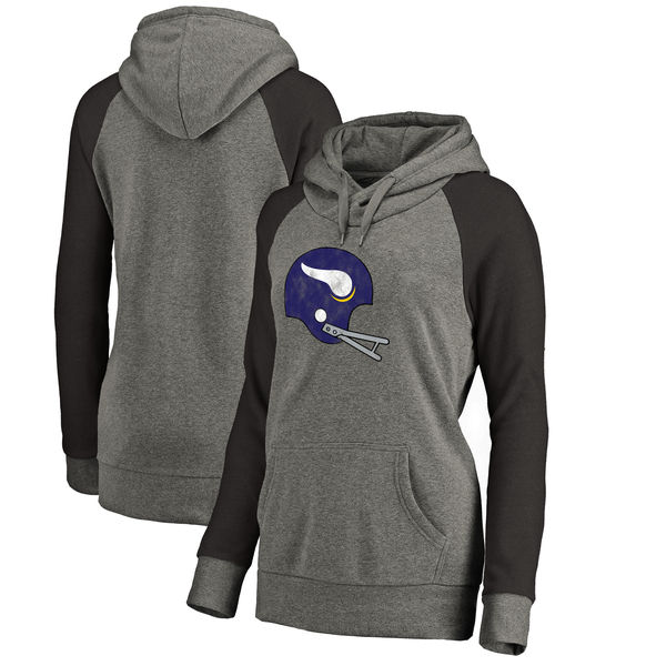 Minnesota Vikings NFL Pro Line By Fanatics Branded Women's Throwback Logo Tri-Blend Raglan Plus Size Pullover Hoodie Gray Black