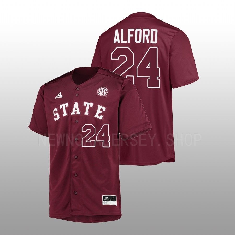 Mississippi State Bulldogs Slate Alford Men Maroon College Baseball Button-Up Jersey
