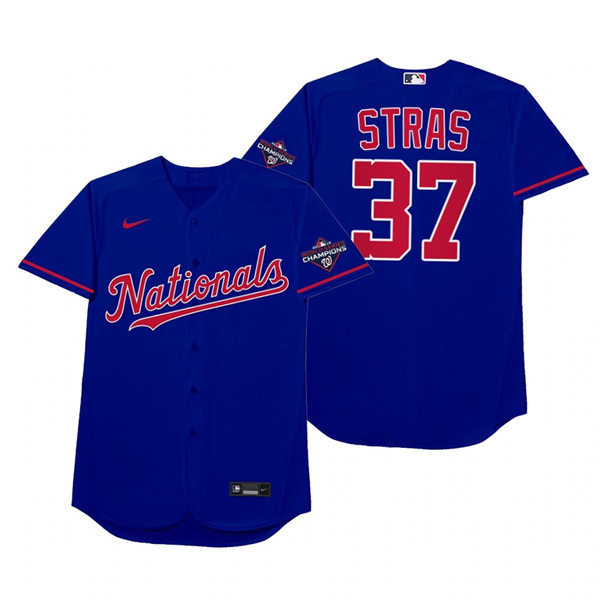 Mnes Washington Nationals #37 Stephen Strasburg Nike Royal 2021 Players' Weekend Nickname Stras Jersey