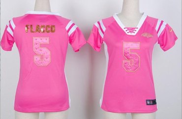 NEW Baltimore Ravens Joe Flacco 5 Women Draft Him Shimmer V-Neck T-Shirt - Pink
