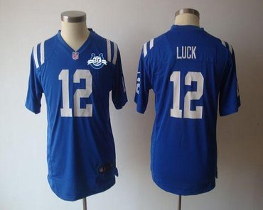 NEW Colts #12 Andrew Luck Royal Blue Team Color With 30TH Seasons Patch Youth NFL Game Jersey