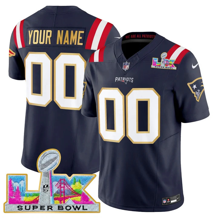 NEW ENGLAND PATRIOTS SUPER BOWL LX GOLD TRIM VAPOR LIMITED CUSTOM JERSEY NAVY